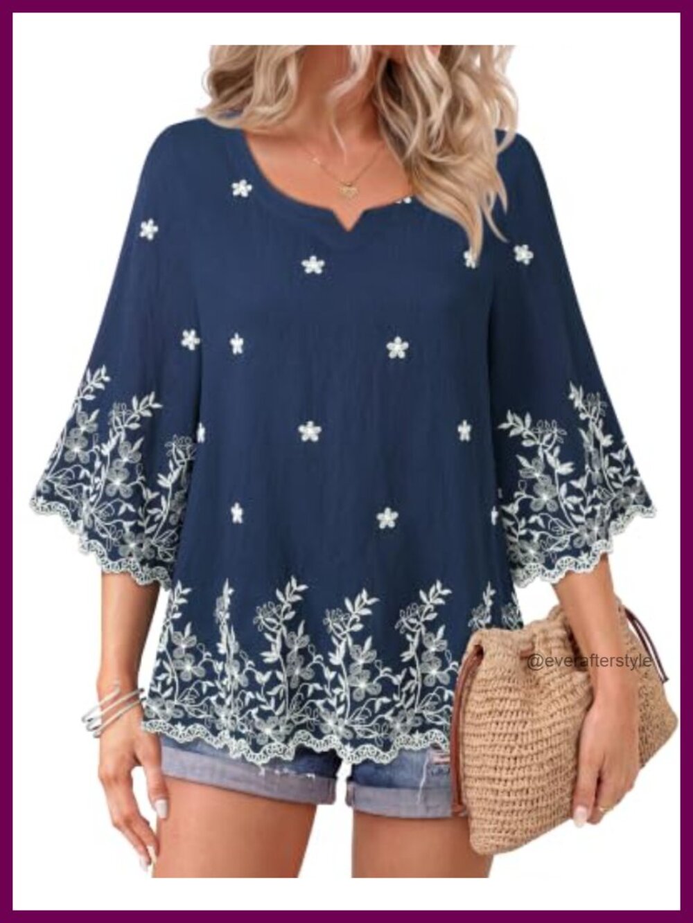 Boho Embroidered V-Neck Tunic Top 3/4 Bell Sleeve Cotton Blouse